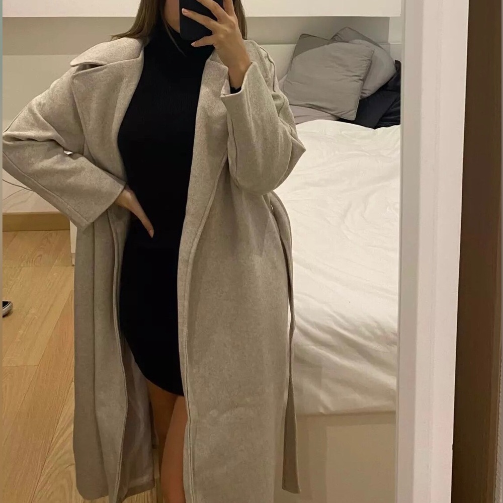 Wool coat long Heather Gray collar womens belted collar jacket - Picture 6 of 8